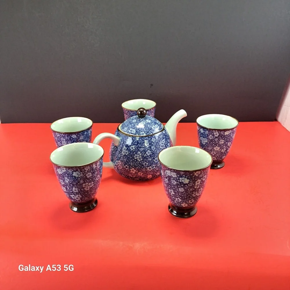 Vintage Tachikichi Japanese Tea Set 6 Pc Blue Calico Floral Teapot Cups EX